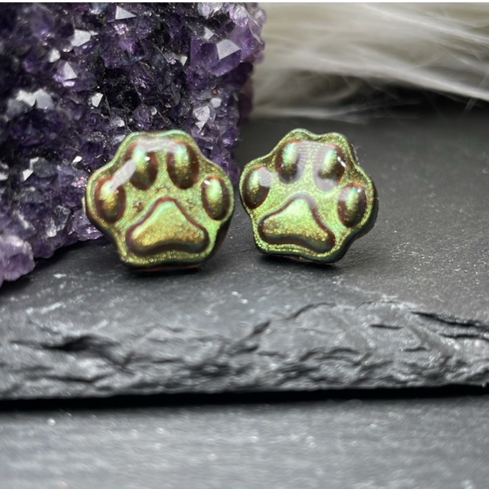 2/$18 Custom Golden Green Sparkling Iridescent Paw Print Post Stud Earrings